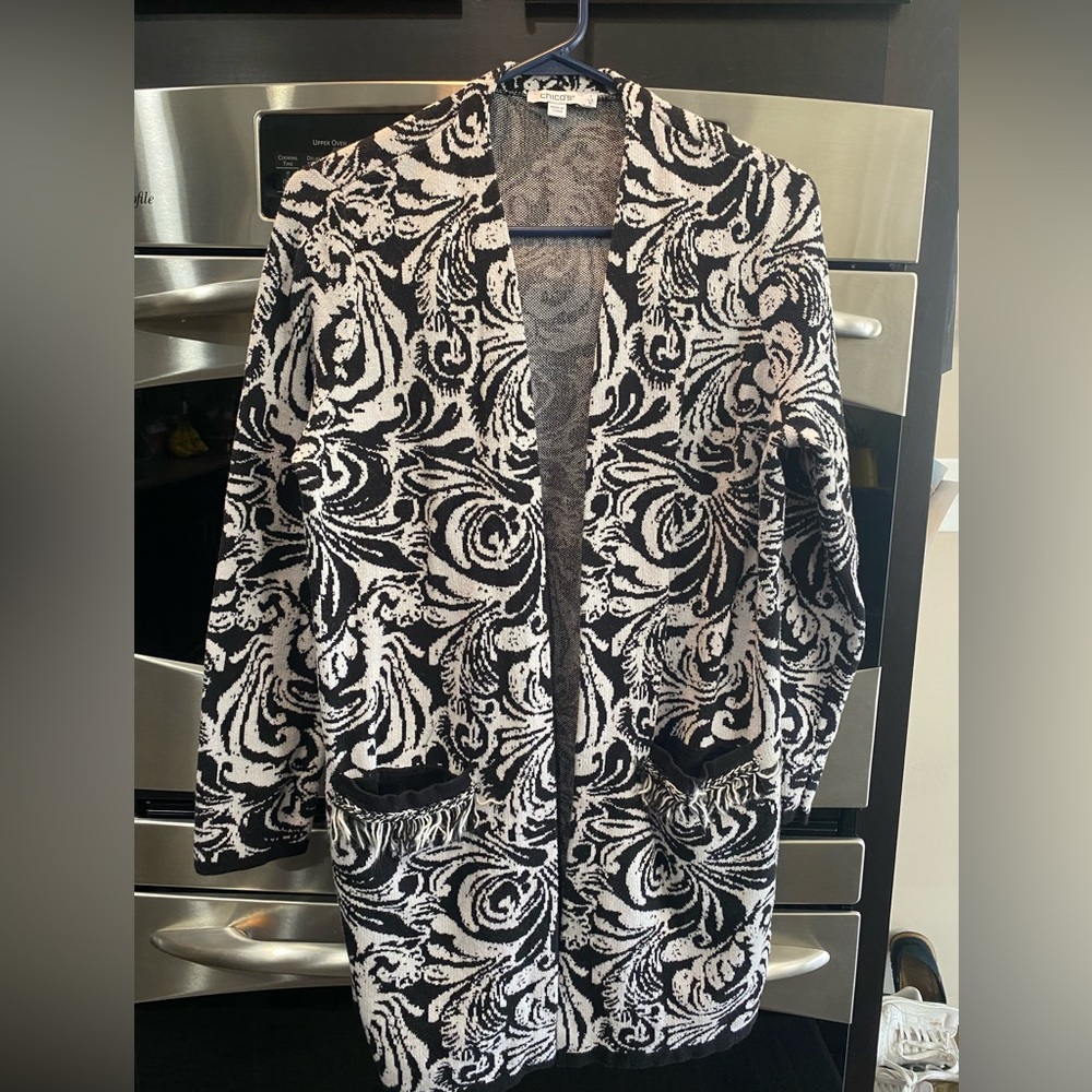 Chico's black and white jacquard cardigan sweater and fringe-trimmed pockets